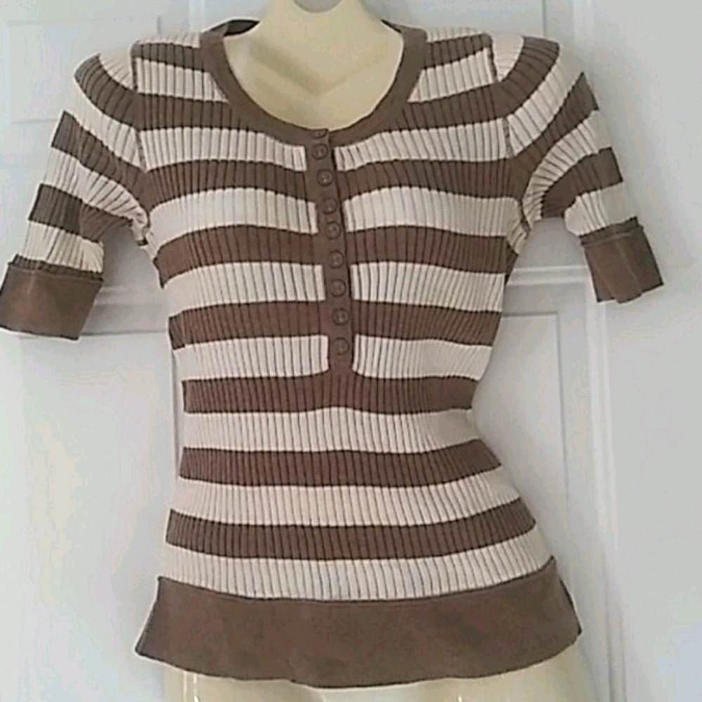 LIZ CLAIBORNE Womens Shirt Size LP Short Sleeve Ribbed Striped Sweater Top